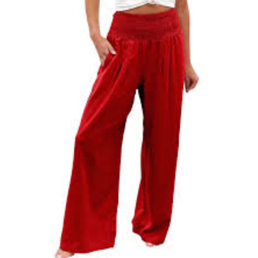 Naked Zebra Red Smocked Waist Wide Leg Flowy Palazzo Pants Womens NWT (13)